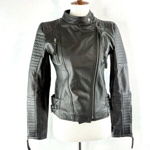 Lookbook Store Black Lambskin Moto Zipper Leather Jacket